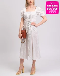 RRP €290 SLEEPER Linen Midi Peasant Dress Size S Polka Dot Lace Up Puff Sleeve - Picture 1 of 5