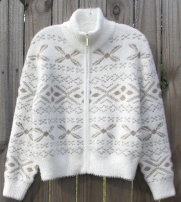 NUEVO CON ETIQUETAS Marc New York Blanco/Tostado Completo Dorado Cremallera Difuso Acogedor Tejido Suéter Para Mujer S, L Foto 1 de 4