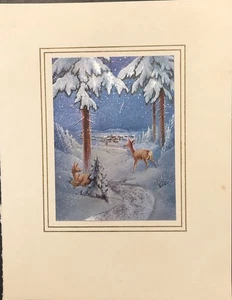 Vtg Christmas Greeting Card Silvered Snow Covered Trees Adorable Deer FRONT ONLY - Picture 1 of 3