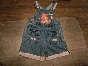 Vintage Care Bears Denim Bib Overall Shorts Outfit Size 24 Months Small Hole - Picture 1 of 15