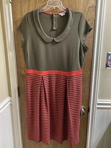 BODEN Collared Stripe Pleated Peplum Dress Olive Hot Pink Button Back US 16L - Picture 1 of 11