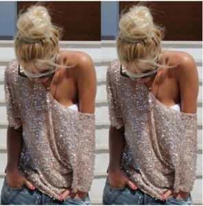 Dorado Rosa Lentejuelas Cuello Redondo Brillante Fiesta Top Camiseta Suelta Informal Camiseta - Imagen 1 de 3