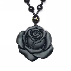 Collar Rosa Obsidiana Natural Negro Flor Colgante con Cadena de Cuentas Ajustable - Imagen 1 de 7