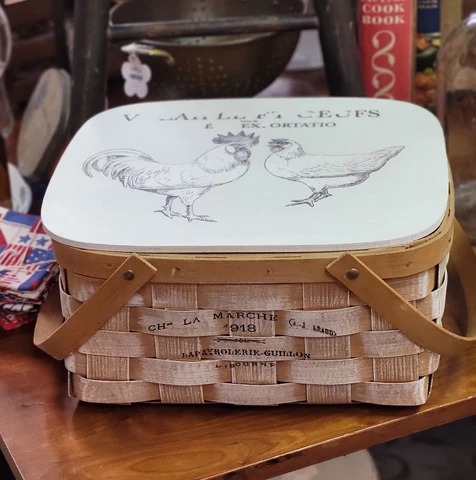 Rooster & Hen Picnic Basket, Vintage Upcycled Basket, Farmhouse Decor Cover