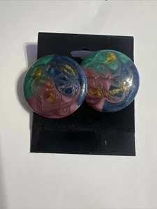 Vintage 1980 Silver Tone Enamel Swirl Stud Pierced Earrings Blue Gold Green 1.5” - Picture 1 of 10