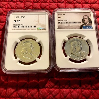 2, 1957 NGC PF67 SILVER Franklin 50c superfícies semelhantes a espelho. Lindas moedas! - Imagem 1 de 2