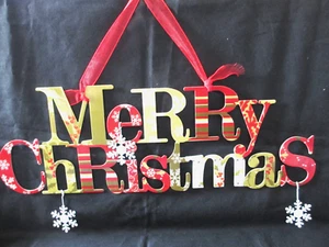 Metal Hanging Wall Art Sign Enameled Merry Christmas with Snow Flakes 14 in L. - Picture 1 of 2