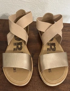Sorel Ella Sandals Size 8 Gold Tan Leather Cross Ankle Strap Strappy Summer - Picture 1 of 11