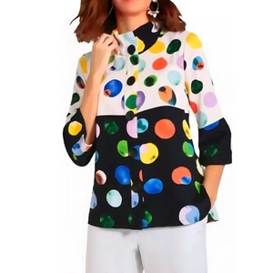 ALI MILES Colorful Dot Art Print Button-up Shirt/Jacket Wire Collar LARGE PETITE - Picture 1 of 13