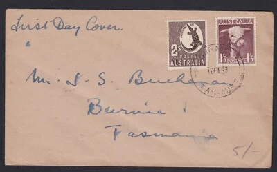1948 Australia 2/- Bull & 1'3 Crocodile FDC Cover BURNIE TAS CDS - Image 1 of 2