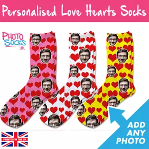 Love Hearts Personalised Photo Socks Add Any Photo Colour Choice Valentines Gift - Picture 1 of 26