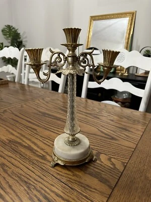 老式3臂水晶烛台/锥形装饰烛台金属大理石古董 — 第 1/4 张图片