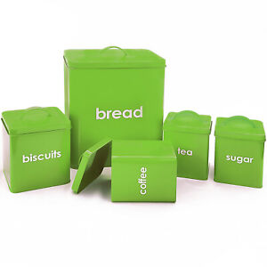LIME METAL 5 PIECE BREAD BIN AND CANISTERS SUGAR COFFEE TEA BISCUIT KITCHEN SET