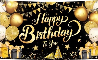 Black and Gold Happy Birthday Banner - Black and Gold Birthday Banner - Image 1 of 4