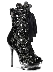 Pewter-Chrome Platform Stiletto Black Suede Marcasite Boots FANTASIA-1020 (242G) - Picture 1 of 11