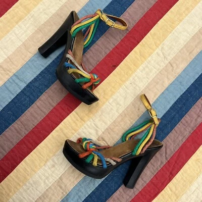 Vintage 1970s Colorful Rayon Strap Pump OpenToed Shoes High Heels Rainbow Sbicca - Image 1 of 4