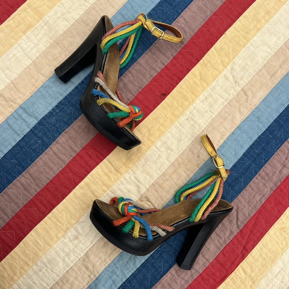 Vintage 1970s Colorful Rayon Strap Pump OpenToed Shoes High Heels Rainbow Sbicca - Image 1 of 4