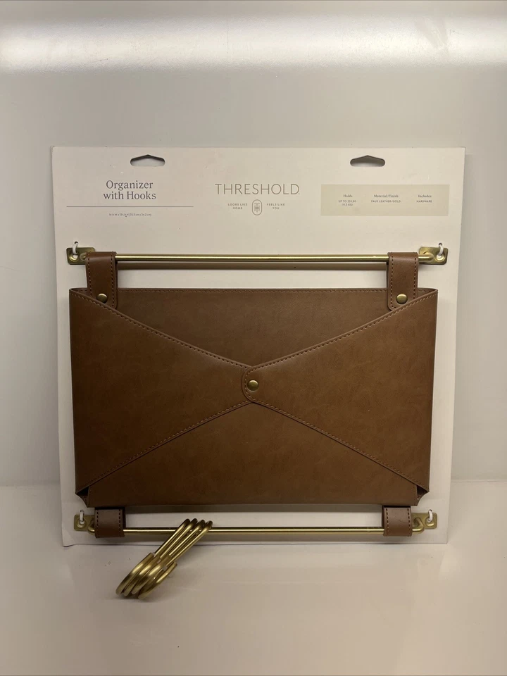 Threshold Mail Pouch with Hooks Entryway Faux Leather Metal Keys Wall Organizer