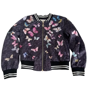 Hannah Banana Girls Dark Purple Sateen Butterfly Bomber Jacket Rhinestones Sz 6 - Picture 1 of 6