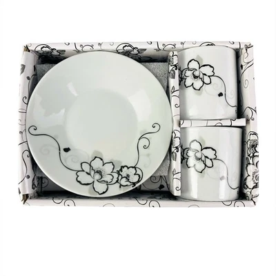 D'Lusso Espresso Set w Box 2 Cups & Saucers White Black Silver #2D55 Open Box - Image 1 of 4