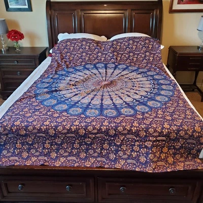 Blue Mandala Bed Cover Sheet 100% Cotton Cloth BOHO India 82x54.5" Lightweight  - Image 1 of 4
