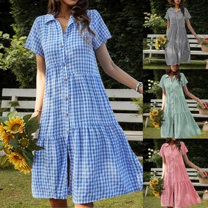Women Plaid Check Mini Dress Button Up Short Sleeve Casual Smock Shirt Dresses - Picture 1 of 20