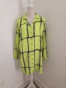 John Mark Abstract Neon Green Black Collared Roll Tab Tunic Blouse Top Shirt XL - Picture 1 of 12