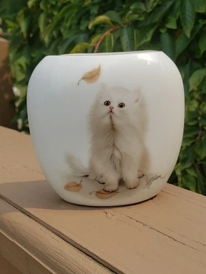 Jarrón de colección Otagiri Bob Harrison blanco gato gatito brote lápiz bolígrafo soporte hojas otoño Foto 1 de 4