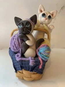 Clay Cats In A Musical Yarn Filled Basket That Plays “Favorite Things” By Cecil - Picture 1 of 12