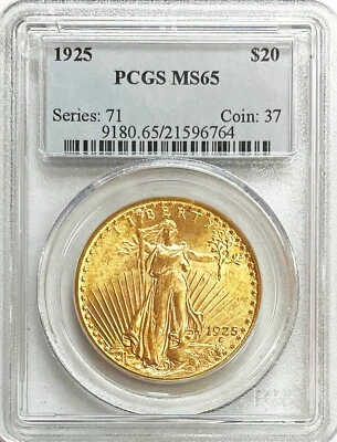 1925 GOLD US $20 SAINT GAUDENS DOUBLE EAGLE COIN PCGS MINT STATE 65 - Image 1 of 2