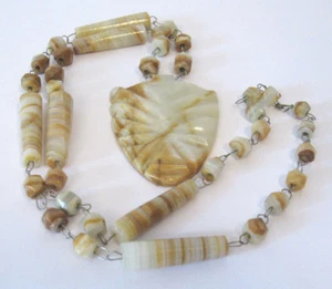 VINTAGE 1960s 70s POLISHED YELLOW JASPER STONE PENDANT & BEAD NECKLACE 30" LONG  - Picture 1 of 11