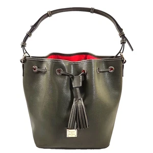 Dooney & Bourke Saffiano Leather Drawstring Bucket Bag Dark Green Double Tassels - Picture 1 of 23
