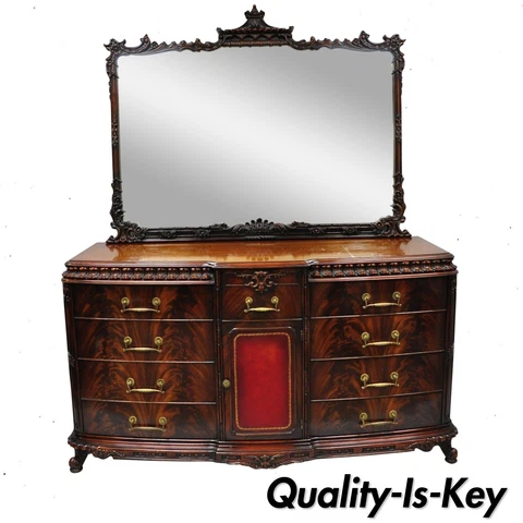 Chinese Chippendale Flame Mahogany Triple Dresser Chest & Mirror Detroit Furn Cover