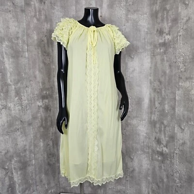 Vintage Yellow Nylon Nightgown Ruffles Lace Knee Length Sleepwear Pinup - Image 1 of 4
