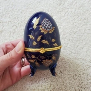 Vintage Cobalt Blue Gold Gilt Egg Trinket Box - Picture 1 of 13