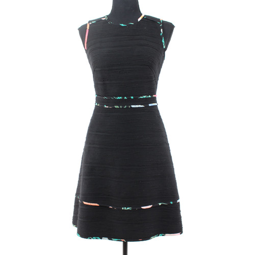 Mini abito senza maniche Kate Spade nero tweed maglia orlo floreale fiori linea A 00