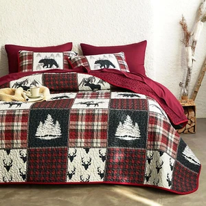 - Rustic Quilt Set, Cabin Lodge Christmas Bear Moose Deer Woodland Western Patch - Picture 1 of 7