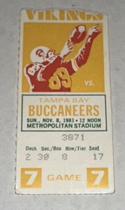 Vikings Buccaneers Bucs NFL Football Ticket Stub Tommy Kramer TD Safety 11/8/81 - Picture 1 of 2