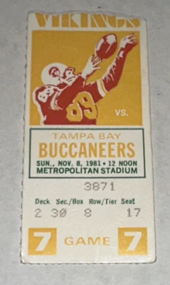 Boleto de fútbol americano de la NFL Vikings Buccaneers Bucs Tommy Kramer TD Safety 8/11/81 Foto 1 de 2