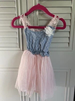 Girls Rule! Toddler Dress 18M Pink Tulle Skirt Denim Top Polka Dot Cute Outfit - Image 1 of 4