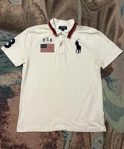 Polo Ralph Lauren Boys Youth T-Shirt White XL USA Flag Rugby Embroidered Logo - Picture 1 of 5