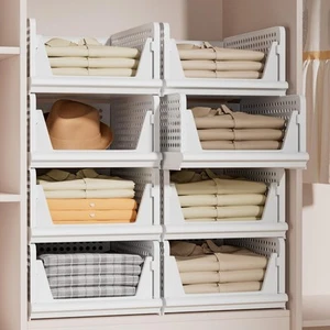 Stackable Plastic Storage Basket Closet Organizer Bin Foldable Clothes Organi... - Picture 1 of 8