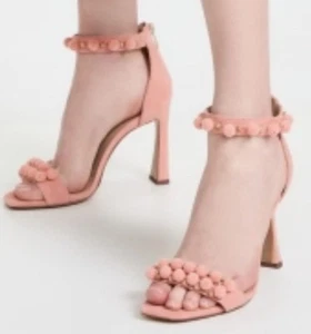 Sam Edelman Women Luella Pom Heeled Sandals Size 10.5 Pink Suede Ankle Strap - Picture 1 of 8