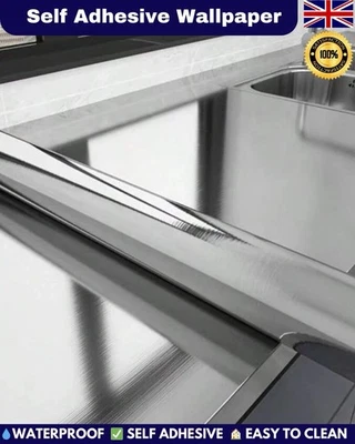 Self Adhesive Silver Stainless Steel Vinyl Wrap Kitchen Worktop Cupboard Sticker - Image 1 of 4