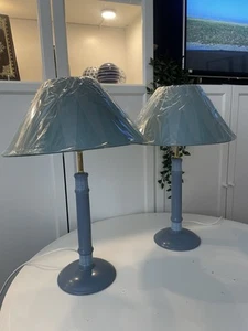 Pair Blue Ceramic Column Lamps Coolie Shades Cottage Decor New Vintage 90s Stock - Picture 1 of 9