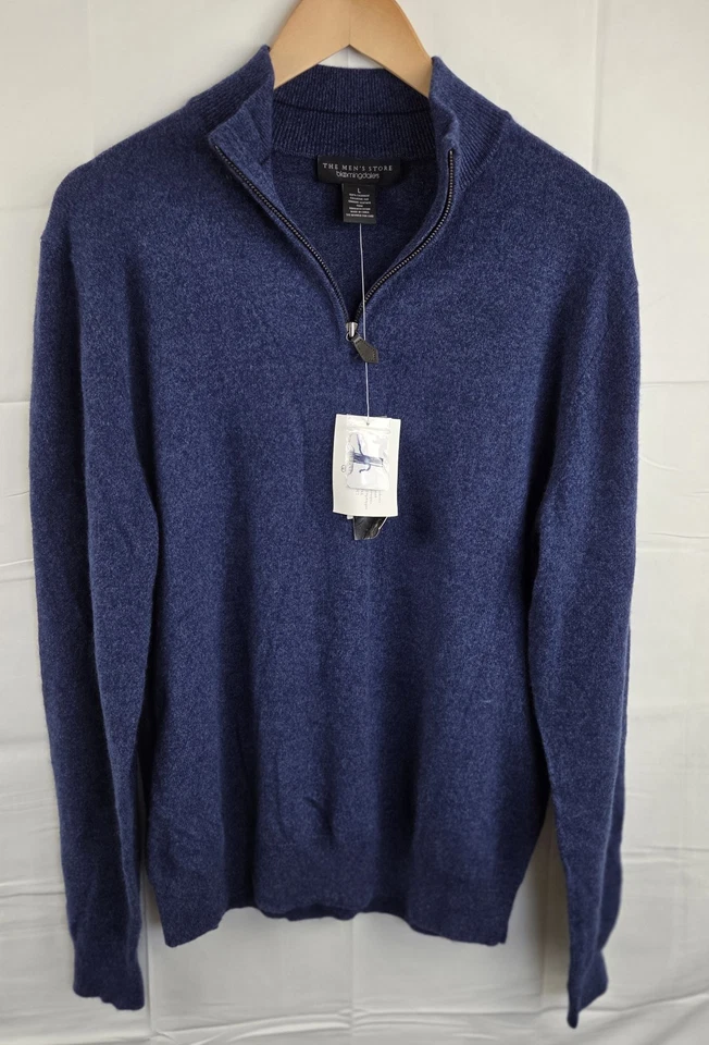 Suéter Bloomingdales Para Hombres Grande Azul Pullover 1/4 Cremallera Sólido 100% Cachemira Nuevo Foto 1 de 4