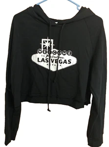Women's Las Vegas Large Black Hooded Belly Crop Top Long Sleeve NWT - Picture 1 of 5