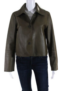 Loewe Womens Leather Collared Button Up Jacket Coat Green Size 40