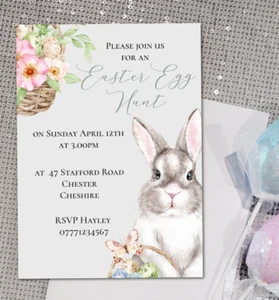 Personalised Cute Easter Bunny Floral Easter Egg Hunt Invitations & Envelopes - Picture 1 of 3