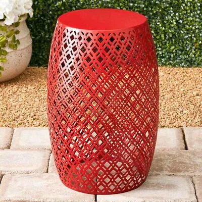 Metal Red Lattice Barrel Stool Table Seat Indoor Outdoor Patio Porch Deck Decor - Image 1 of 4
